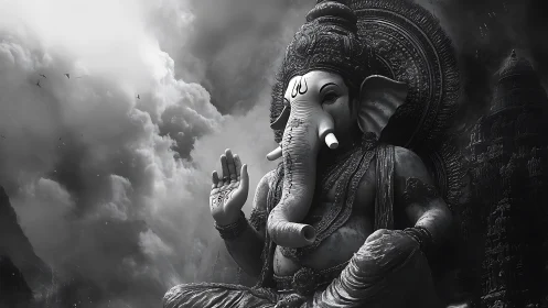 Monochrome Ganesha statue in storm-lit atmospheric relief.