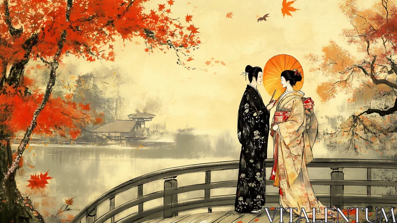 Traditional Japanese Garden Scene with Autumn Foliage and Figures