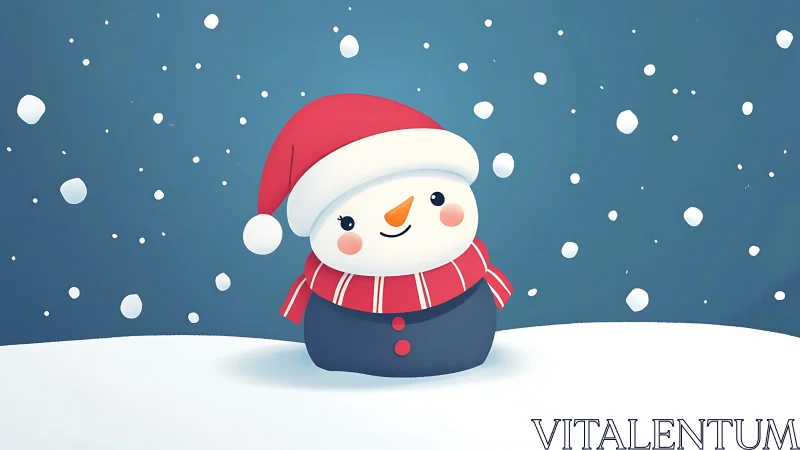 Playful stylized snowman in red winter hat and scarf.