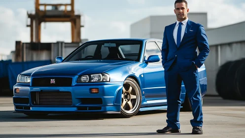 Businessman in blue suit stands beside tuned Nissan GT-R R34