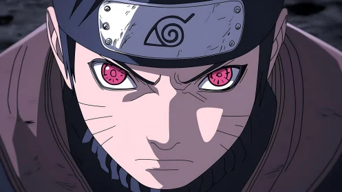 Intense anime ninja close-up with glowing pink eyes.
