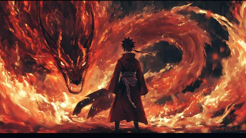Lone mage confronts roaring fire dragon in storm of flames.