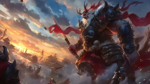 Warrior overlord strides through burning battlefield at dusk