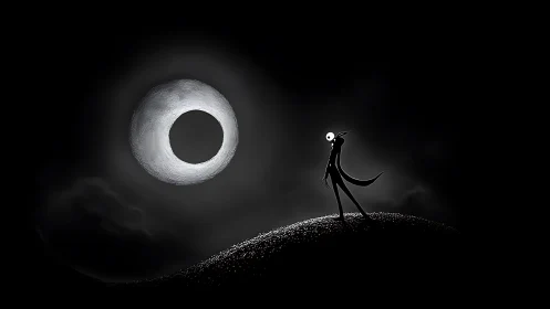 Stark monochrome figure observing a luminous eclipsed moon