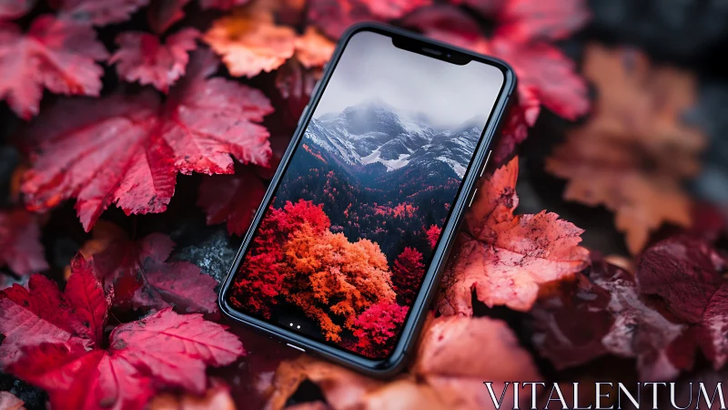 Smartphone reflects autumn forest on vivid red leaves.