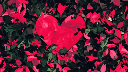 Red heart shape centered within dense red floral composition against dark foliage