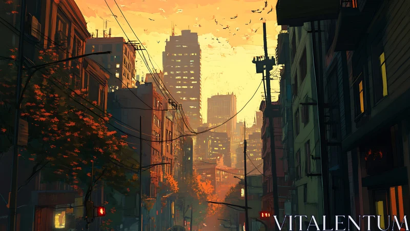 Urban street canyon at sunset with dense midrise buildings.