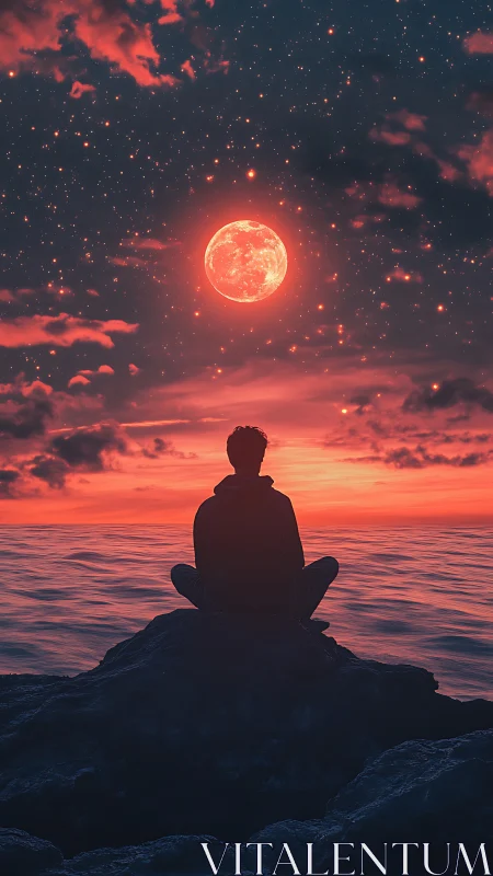 Solitary silhouette beneath crimson moonlit ocean sky.