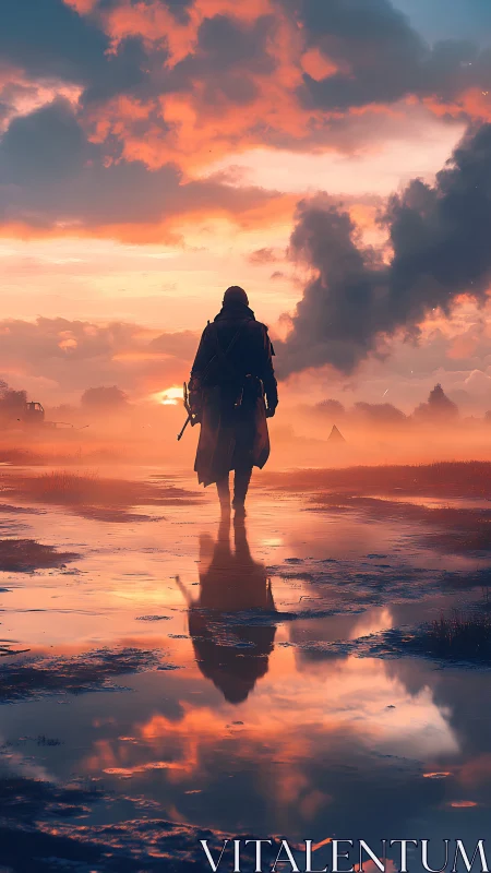 Lone wanderer crossing sunset-soaked mirrored puddles.