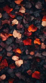 Overhead view records scattered autumn leaves on dark ground