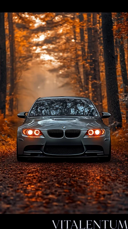Silver sedan is parked on leaf-covered forest path