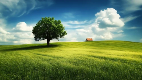 Solitary tree and distant house on rolling green field.