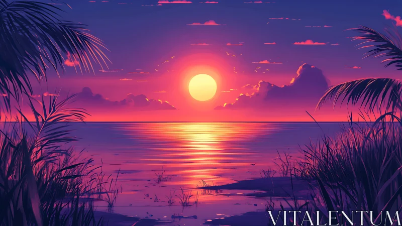 Vibrant tropical sunset over calm ocean horizon view.