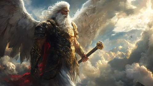 Armored seraphic warlord surveying stratified celestial storm.