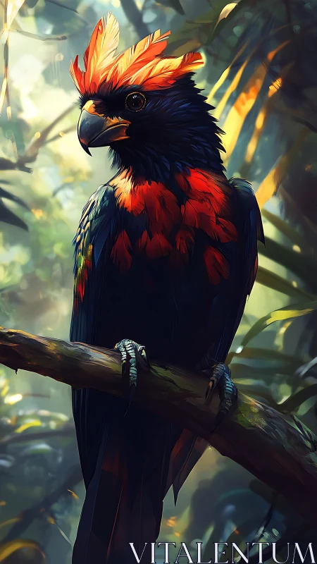 Crested black and red bird rendered in dense tropical forest