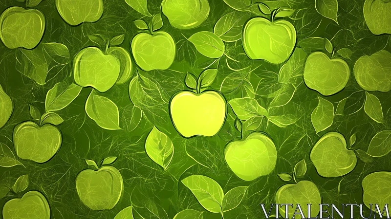 Electric orchard of glowing green apples in leafy swirlscape.