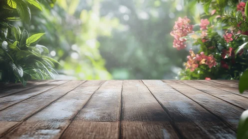 Weathered wooden table surface in garden foliage setting.
