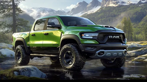 Photorealistic green off-road pickup in alpine river setting.