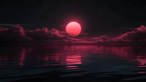 Neon crimson moon sinks over reflective cosmic ocean.