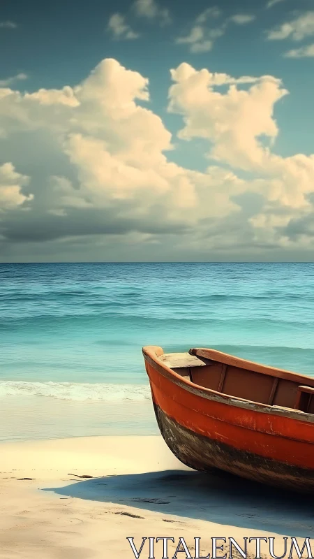 Gentle orange rowboat rests on a quiet turquoise shoreline