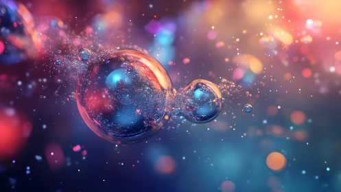 Glowing Soap Bubbles in Abstract Colorful Light, Digital Art Style.