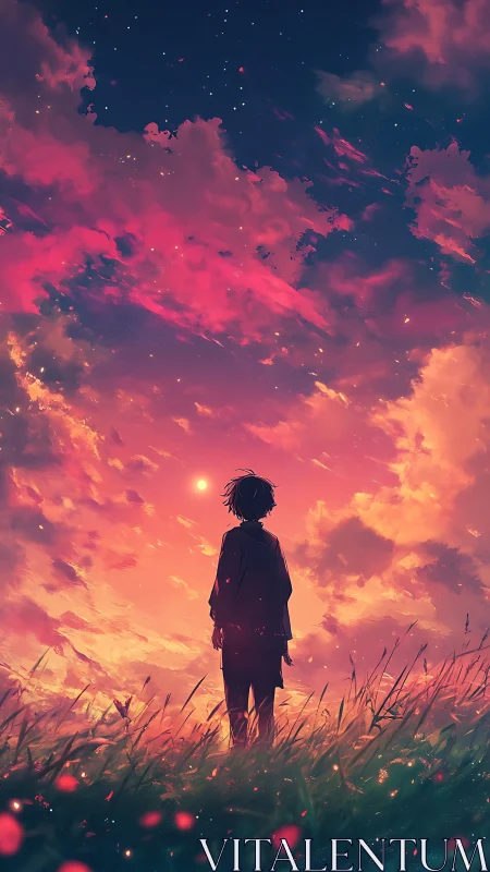 Silhouette of lone figure under vivid sunset sky.