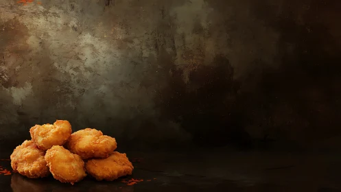 Golden fried nuggets arranged against moody rustic backdrop
