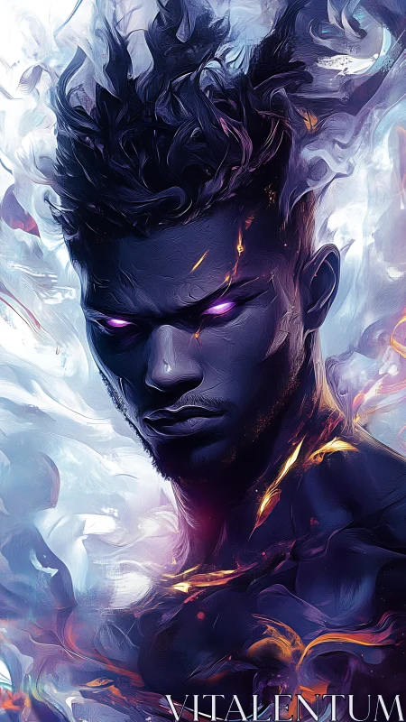 Dark energy portrait of male figure with glowing violet eyes.