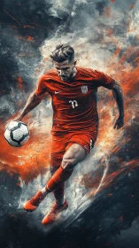 Dynamic soccer forward drives ball through explosive strokes