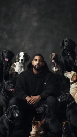 Man in dark hoodie posed with multiple attentive dogs.
