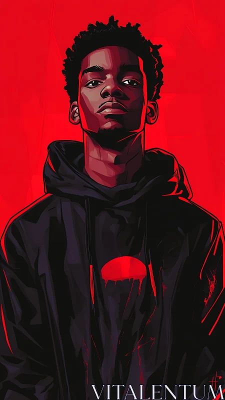Portrait depicts stylized figure in dark hoodie on red field