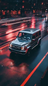 Mercedes G-Class on neon-wet arterial at dusk, long-exposed.