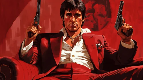 Crimson-lit armed figure in symmetrical digital portraiture stance.