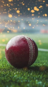 Cricket ball on grass under stadium bokeh lights.