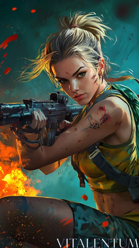 Battle-hardened sniper readies rifle amid blazing chaos.