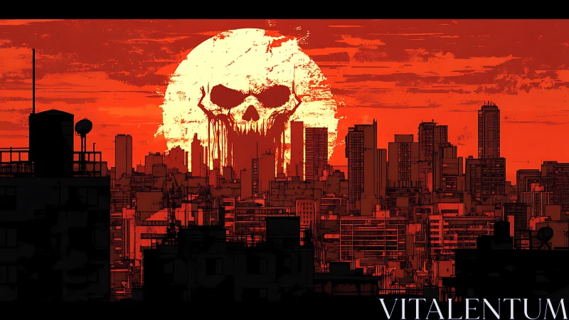 Red city skyline with large skull-shaped sun behind towers