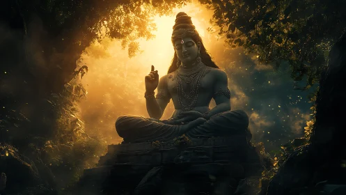 Digital painting of meditative deity in luminous forest shrine.