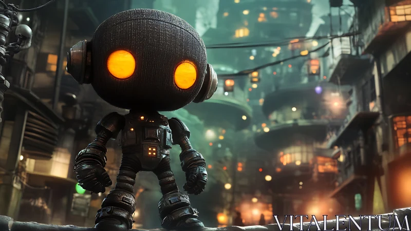 Small emissive-eyed robot surveys dense cyberpunk vertical slum