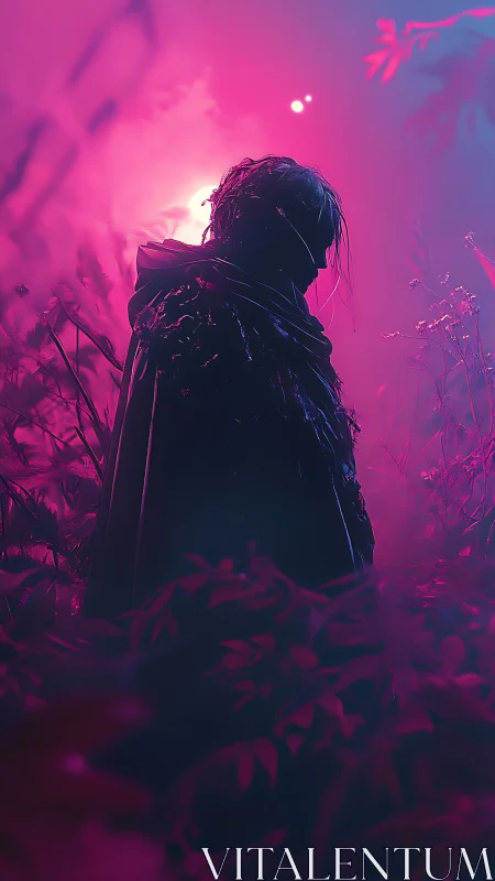 Mystery wanderer rests in glowing pink and purple forest night