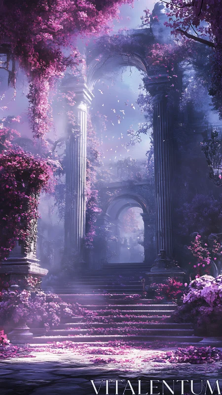 Enchanted violet ruins under soft ethereal light.