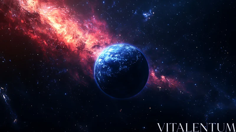 Distant blue planet hangs before a blazing red nebula.