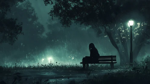 Lonely figure on park bench in rainy night scene