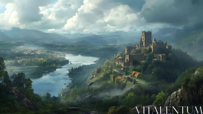 Misty riverside castle resting beneath wide mountain skies.
