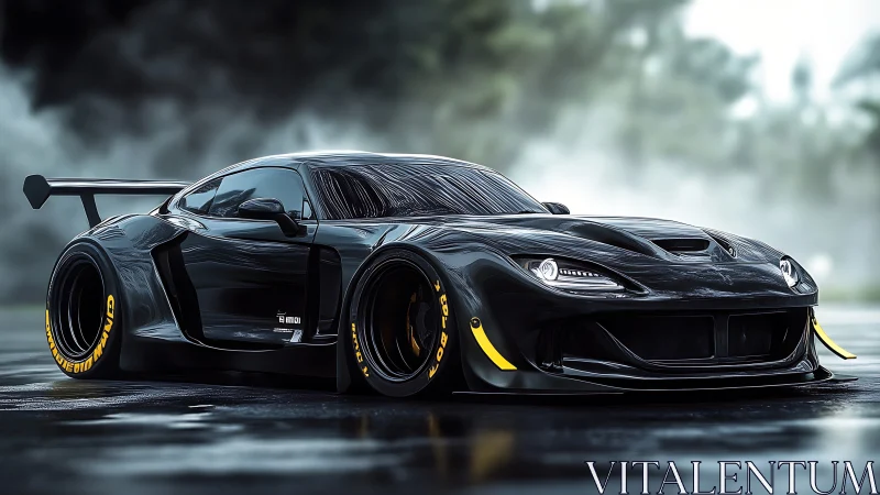 Widebody black race car on wet track in foggy light.