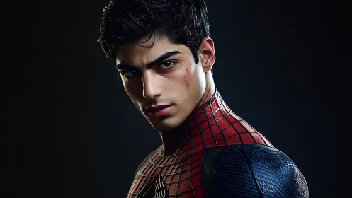 Brooding spider-suited hero in dramatic studio portrait.