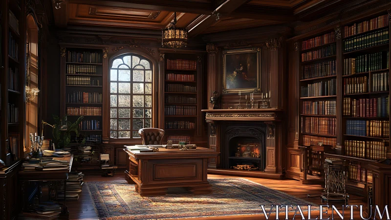 Ornate mahogany home library with central desk, arched window, and lit fireplace