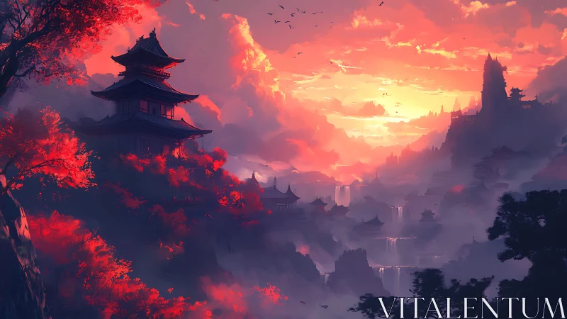 Sunset temples glow above misty waterfalls in crimson hills