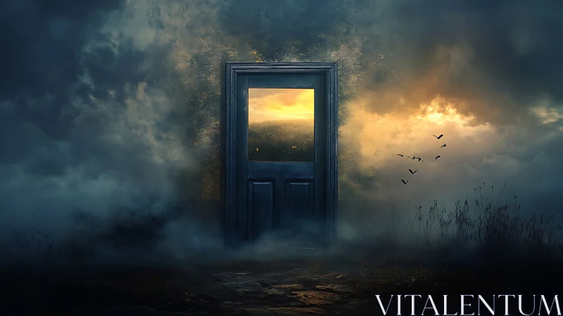 Stormlit doorway opens into a quiet, golden horizon dreamscape.