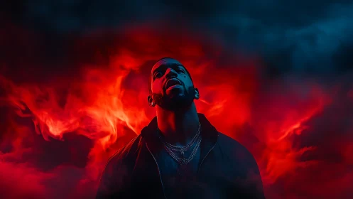 Silhouetted male figure amid red smoke and dark clouds.
