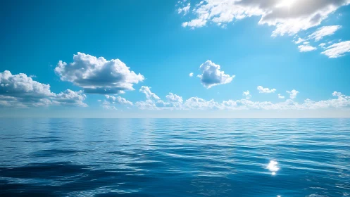 Tranquil open ocean under bright blue midday sky.